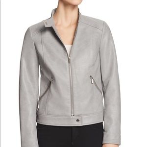 Collarless Grey Leather Jacket